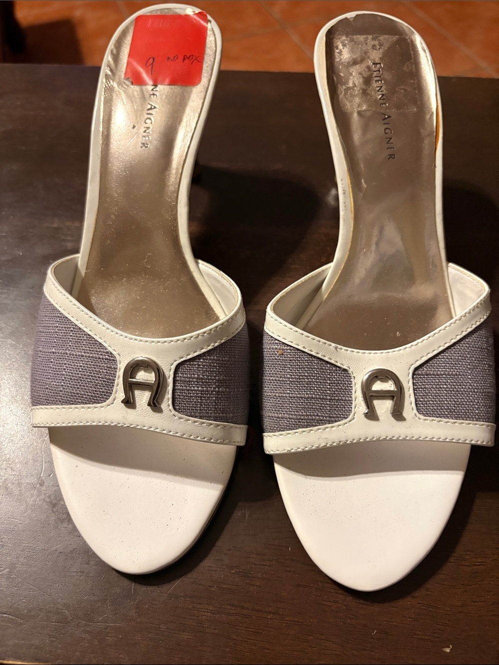 Etienne Aigner White and Gray Slide Mules